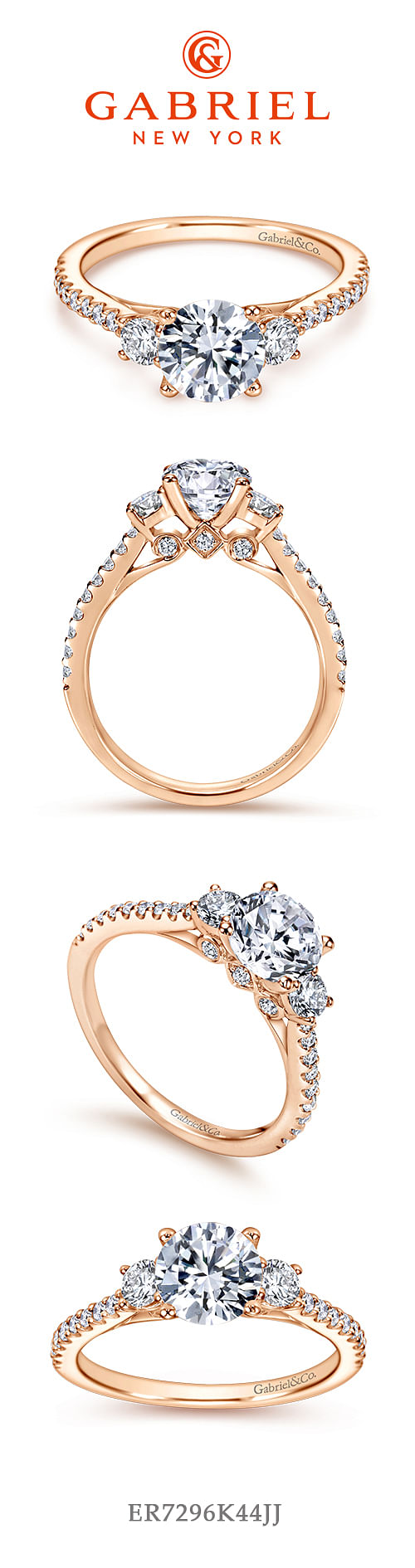 14K Rose Gold Round Three Stone Diamond Engagement Ring angle 